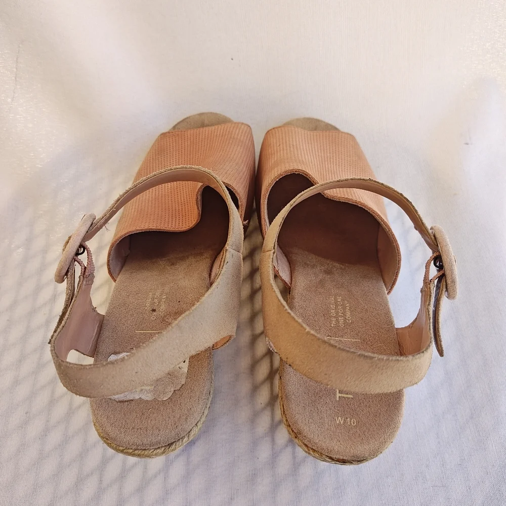 TOMS Tropez Wedge Sandal Nubuck‎ Leather Open Toe Cork 10 Tan Peach Beige